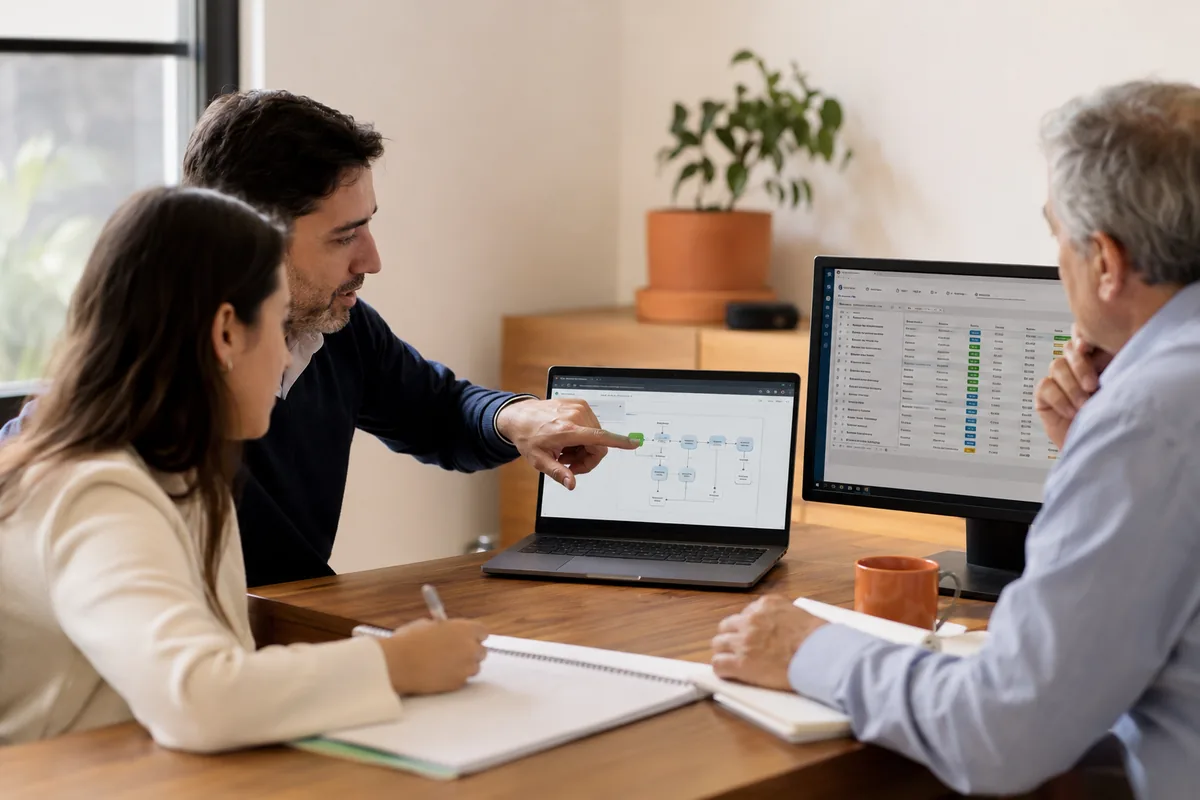 Consultores revisando un diagrama de automatización con un cliente